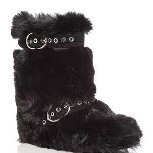 Faux Fur Booties Jeffrey Campbell Black NWT Women's Size 7 silver accents